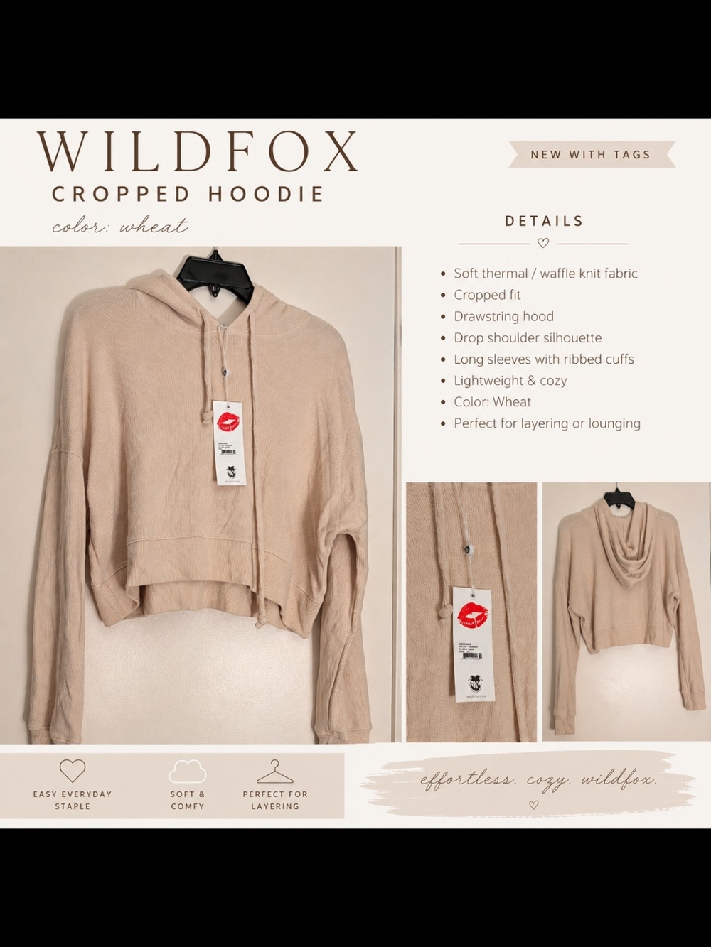 WILDFOX - Cropped Thermal Hoodie in Wheat, Size L, NWT